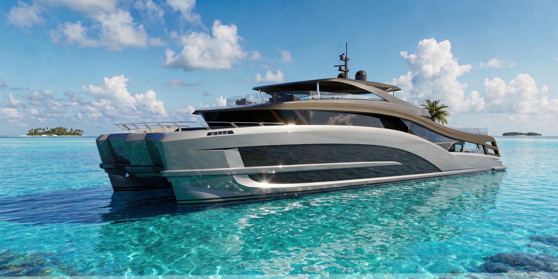 Ultimate Catamarans Q170 concept yacht at anchor in tropical waters